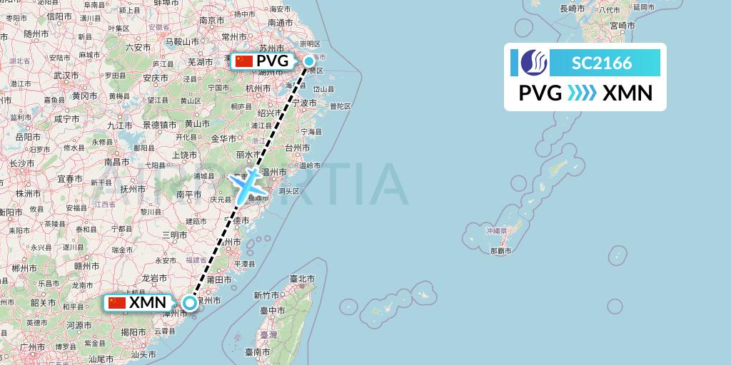 SC2166 Shandong Airlines Flight Map: Shanghai to Xiamen