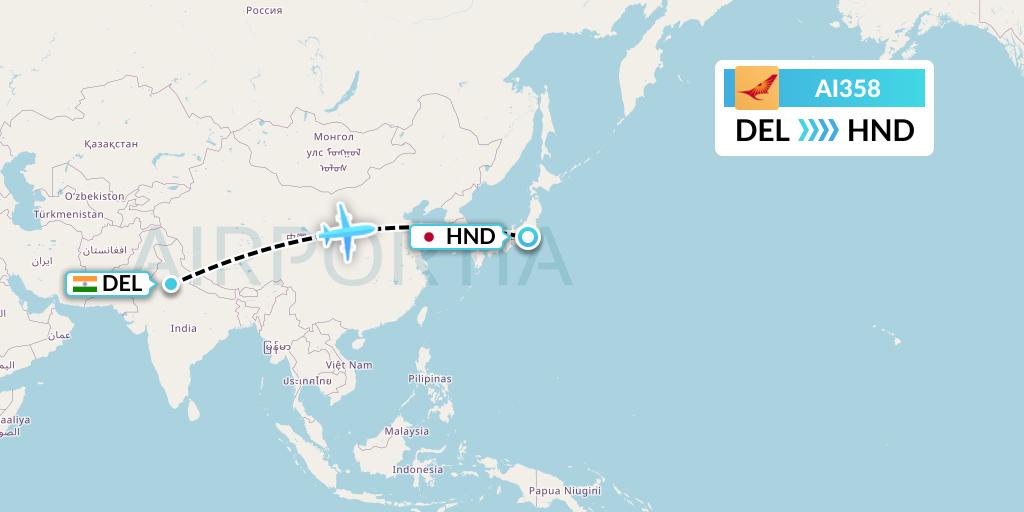 AI358 Air India Flight Map: Delhi to Tokyo