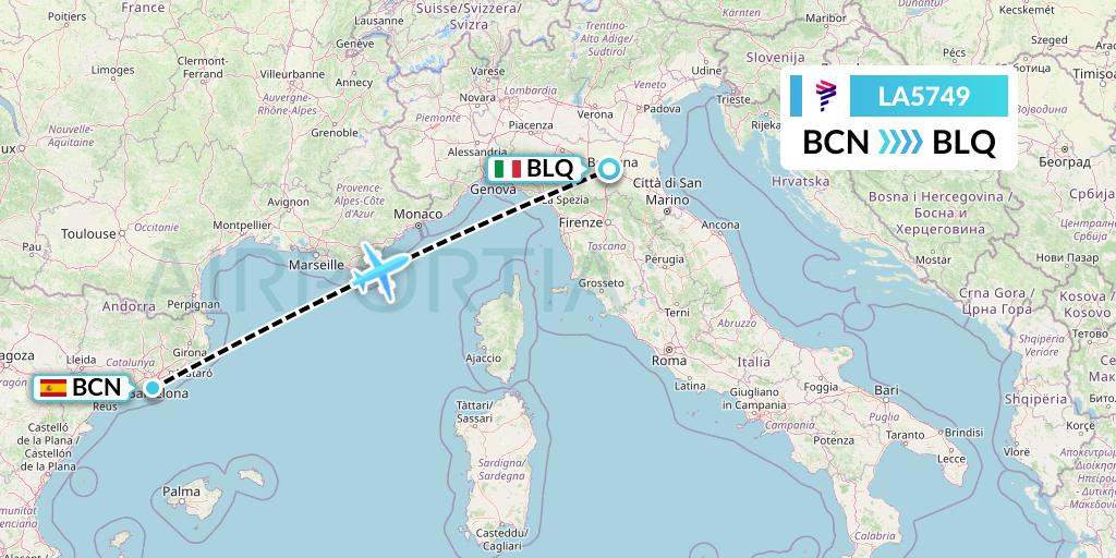 LA5749 LAN Airlines Flight Map: Barcelona to Bologna