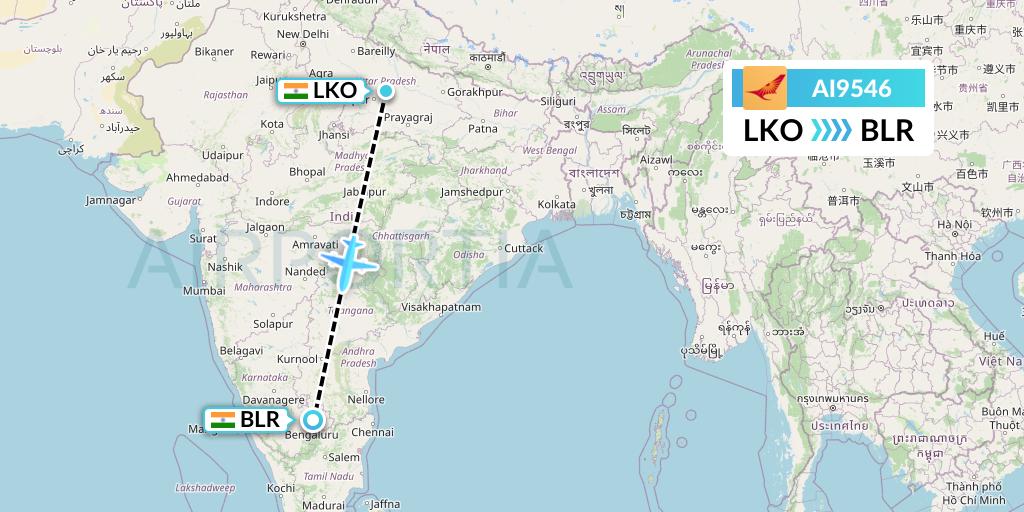 AI9546 Air India Flight Map: Lucknow to Bangalore