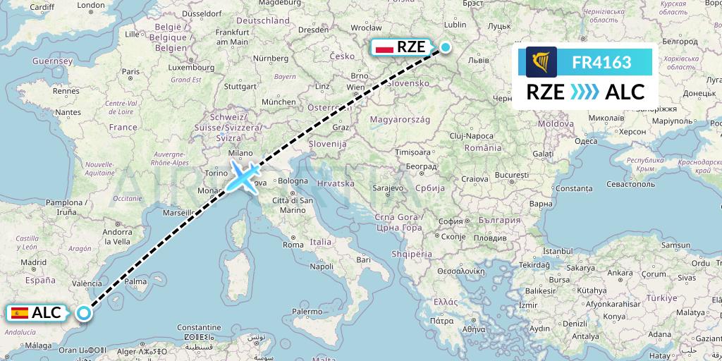 FR4163 Ryanair Flight Map: Rzeszow to Alicante