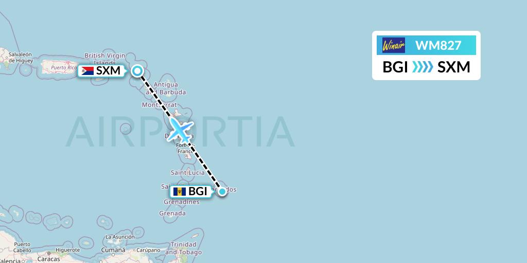 WM827 Winair Flight Map: Bridgetown to Sint Maarten