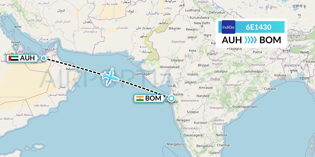 6E1430 IndiGo Airlines Flight Map: Abu Dhabi to Mumbai