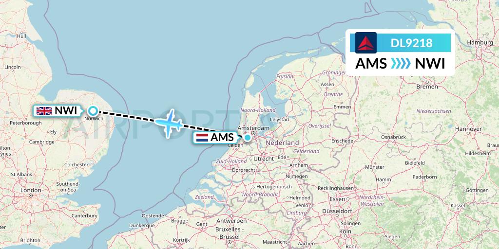 DL9218 Delta Air Lines Flight Map: Amsterdam to Norwich