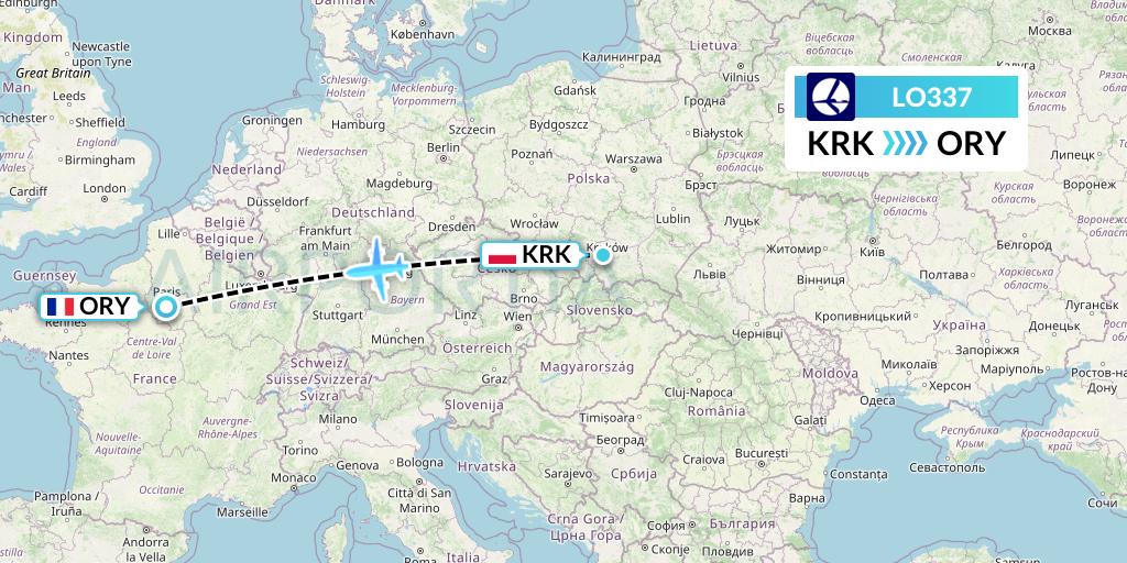 LO337 LOT Flight Map: Krakow to Paris