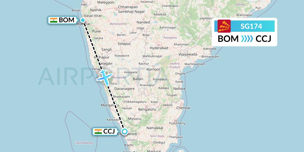 SG174 SpiceJet Flight Map: Mumbai to Kozhikode