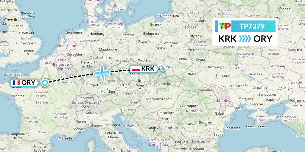 TP7379 TAP Portugal Flight Map: Krakow to Paris
