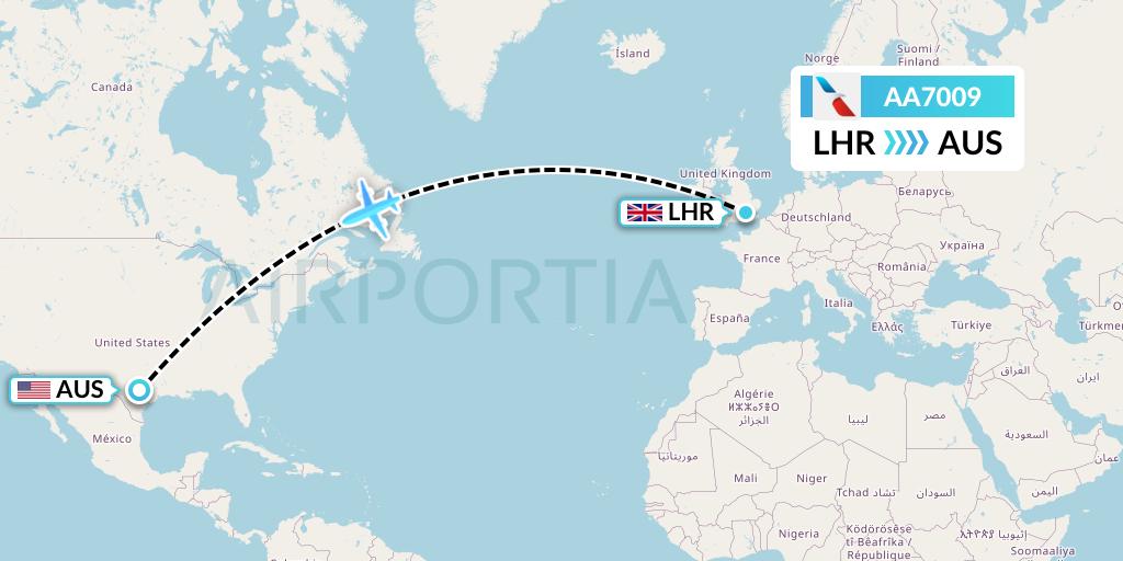 AA7009 American Airlines Flight Map: London to Austin