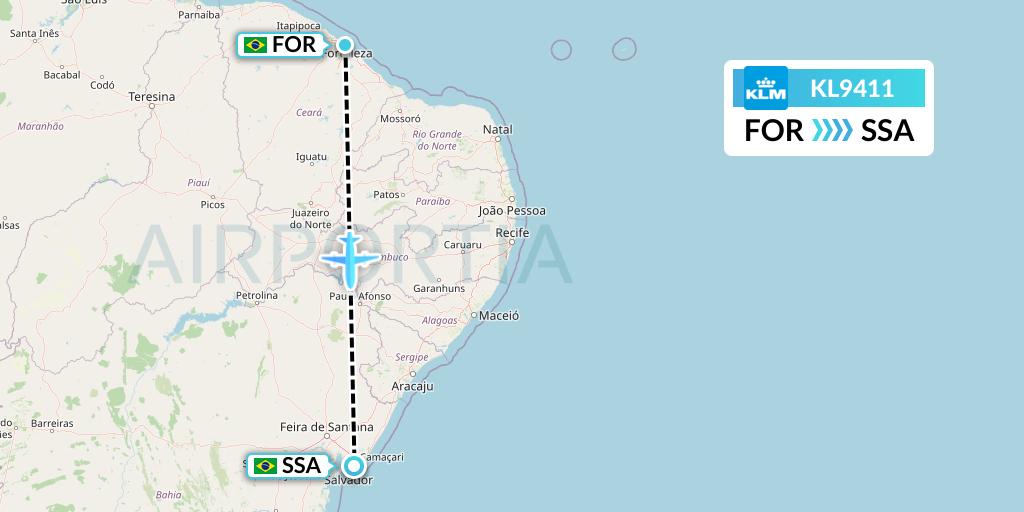 KL9411 KLM Flight Map: Fortaleza to Salvador