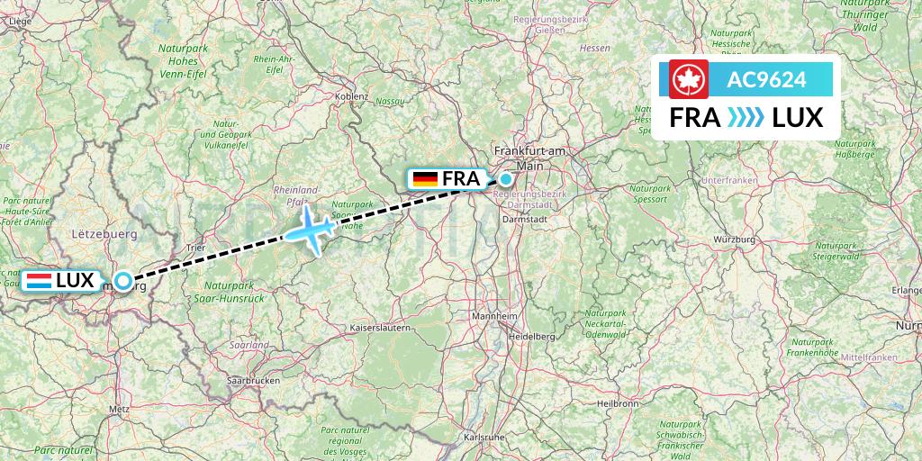 AC9624 Air Canada Flight Map: Frankfurt to Luxembourg