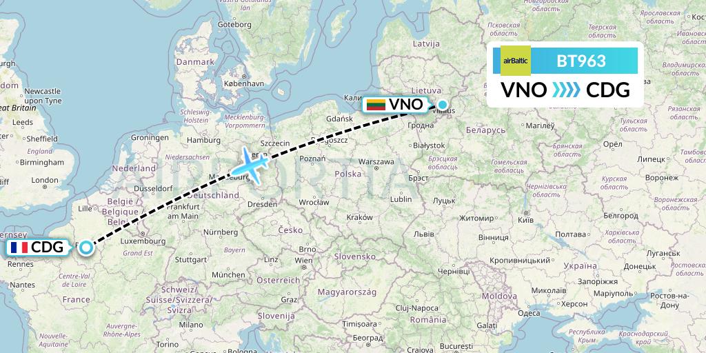 BT963 Air Baltic Flight Map: Vilnius to Paris