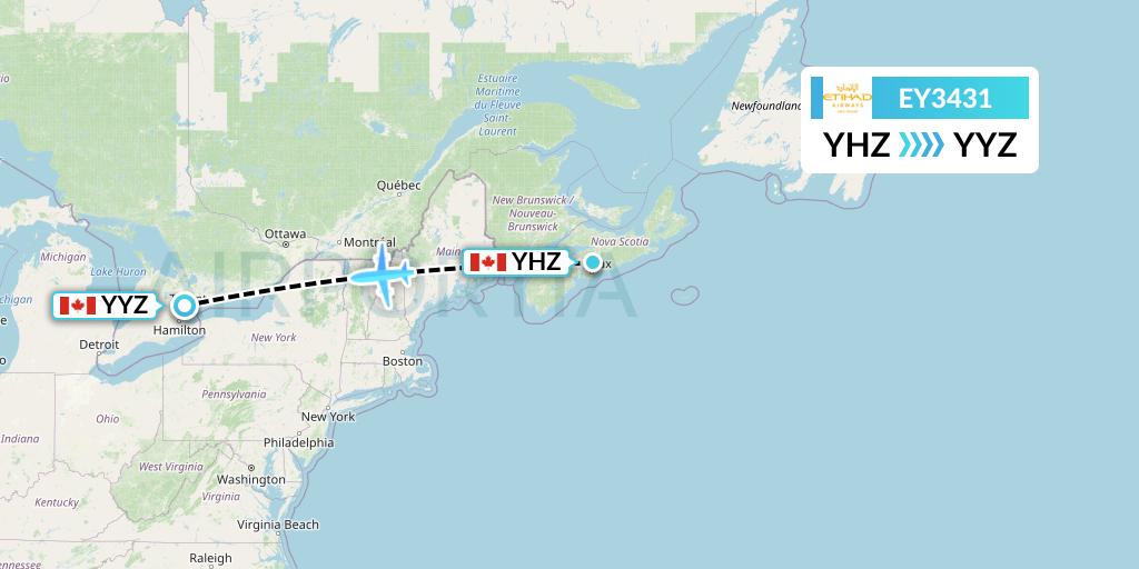 EY3431 Etihad Airways Flight Map: Halifax to Toronto