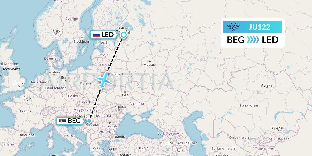 JU122 AirSERBIA Flight Map: Belgrade to St. Petersburg