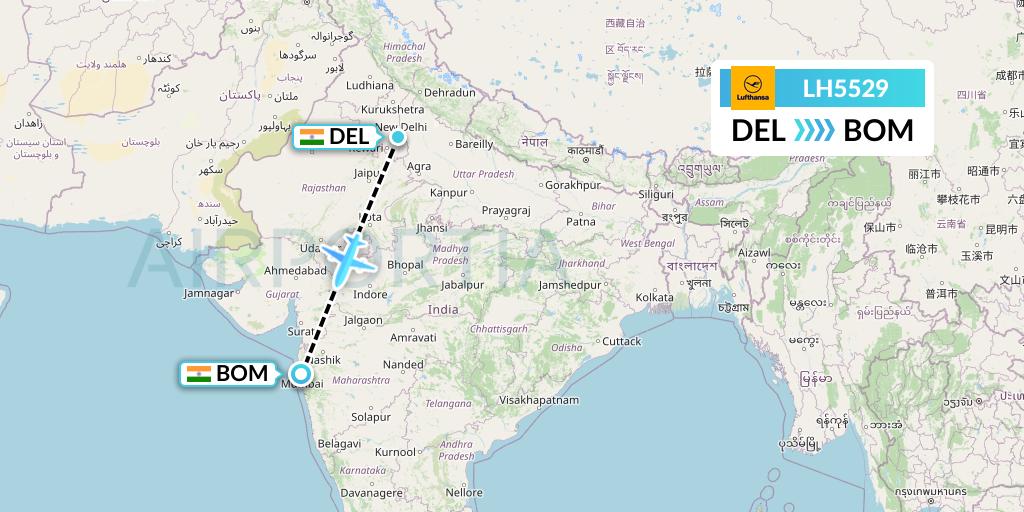 LH5529 Lufthansa Flight Map: Delhi to Mumbai
