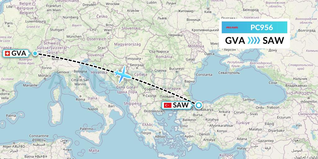 PC956 Pegasus Airlines Flight Map: Geneva to Istanbul