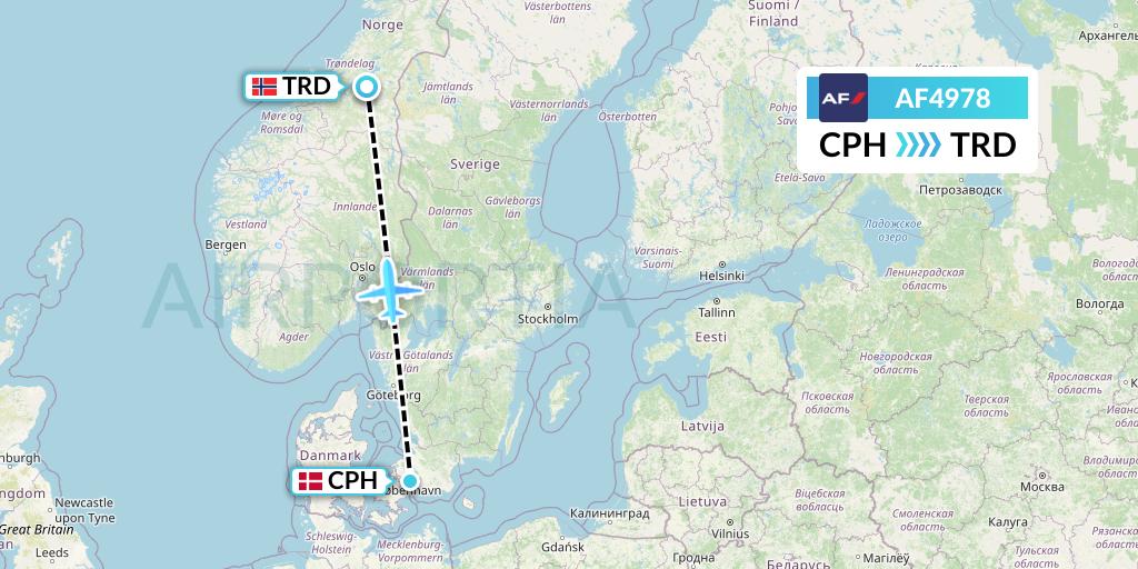 AF4978 Air France Flight Map: Copenhagen to Trondheim