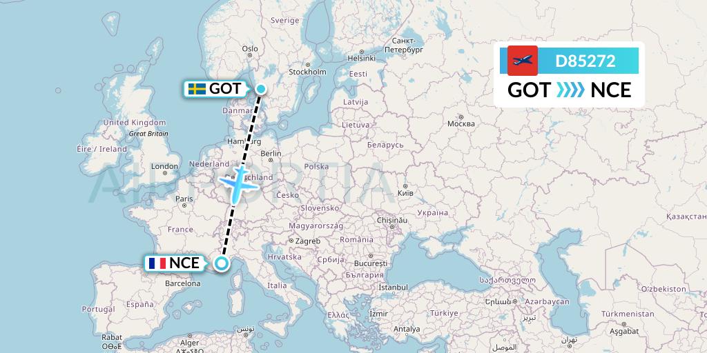 D85272 Norwegian Air International Flight Map: Gothenburg to Nice