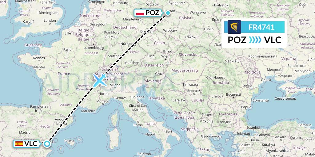 FR4741 Ryanair Flight Map: Poznan to Valencia