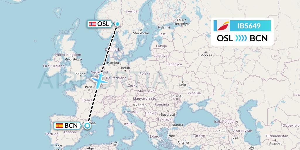 IB5649 Iberia Flight Map: Oslo to Barcelona
