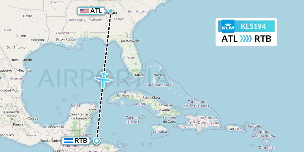 KL5194 KLM Flight Map: Atlanta to Roatan