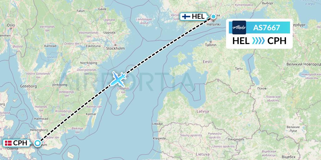 AS7667 Alaska Airlines Flight Map: Helsinki to Copenhagen