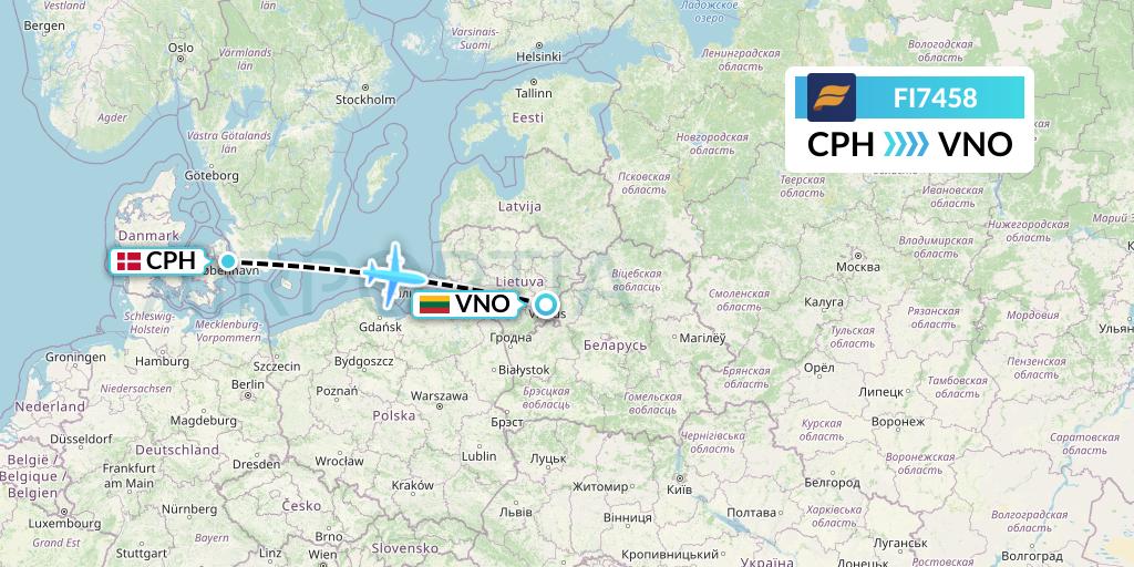 FI7458 Icelandair Flight Map: Copenhagen to Vilnius