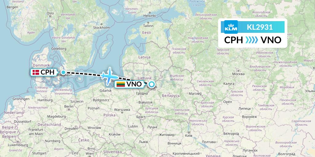 KL2931 KLM Flight Map: Copenhagen to Vilnius