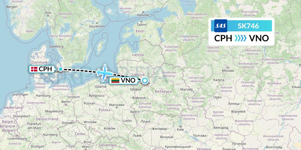 SK746 SAS Flight Map: Copenhagen to Vilnius