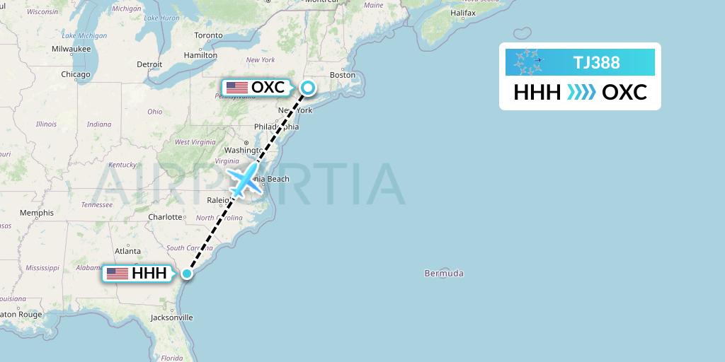TJ388 Tradewind Aviation Flight Map: Hilton Head Island to Oxford