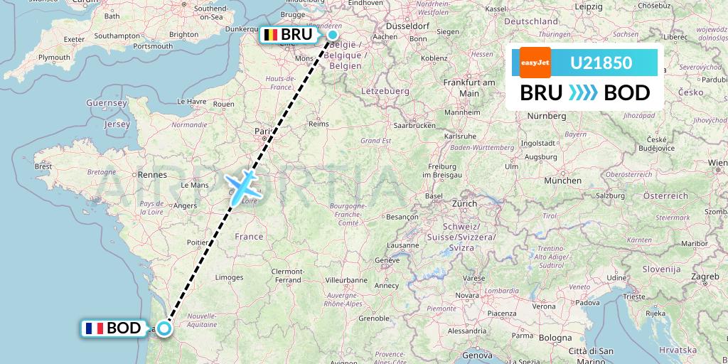U21850 EasyJet Flight Map: Brussels to Bordeaux