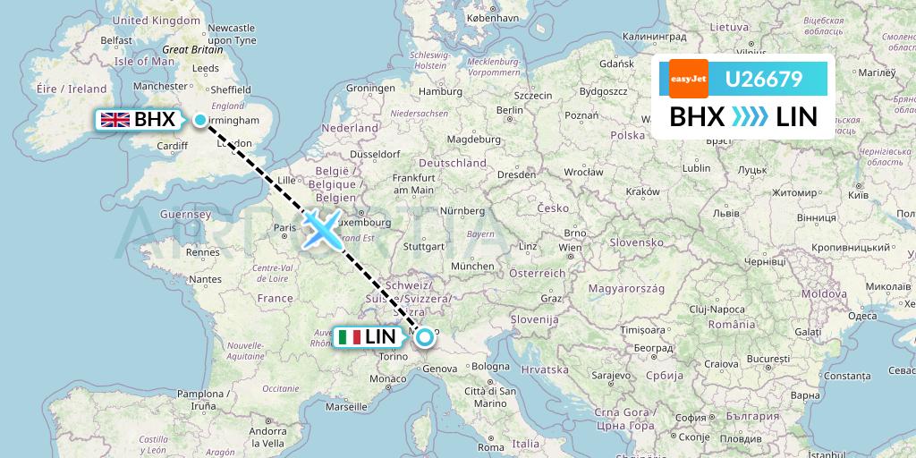 U26679 EasyJet Flight Map: Birmingham to Milan