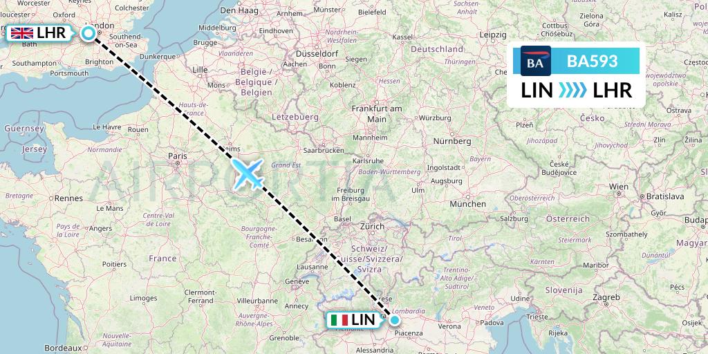 BA593 British Airways Flight Map: Milan to London