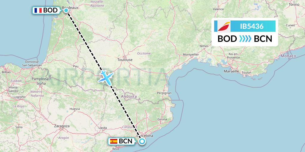 IB5436 Iberia Flight Map: Bordeaux to Barcelona