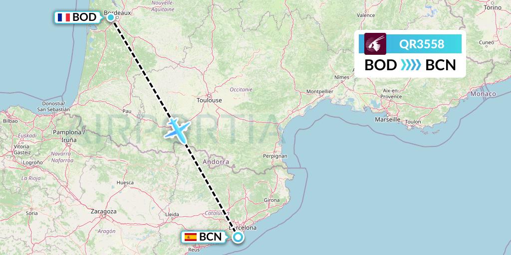 QR3558 Qatar Airways Flight Map: Bordeaux to Barcelona