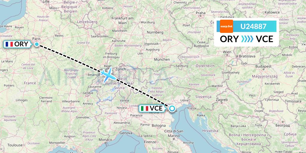 U24887 EasyJet Flight Map: Paris to Venice