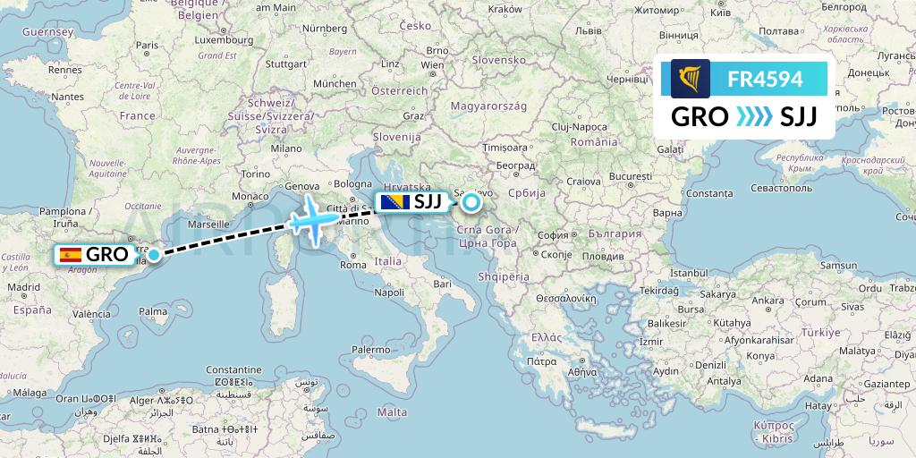FR4594 Ryanair Flight Map: Girona to Sarajevo