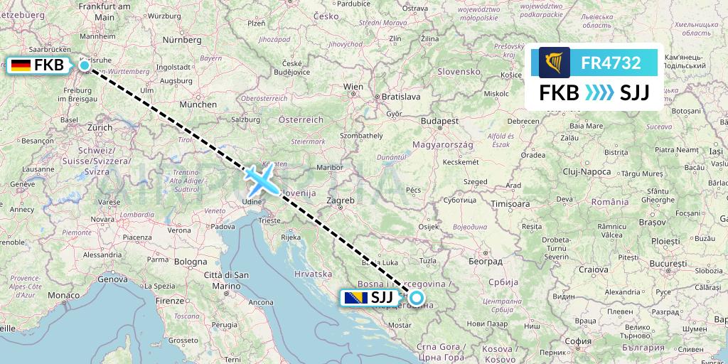 FR4732 Ryanair Flight Map: Karlsruhe/Baden-Baden to Sarajevo