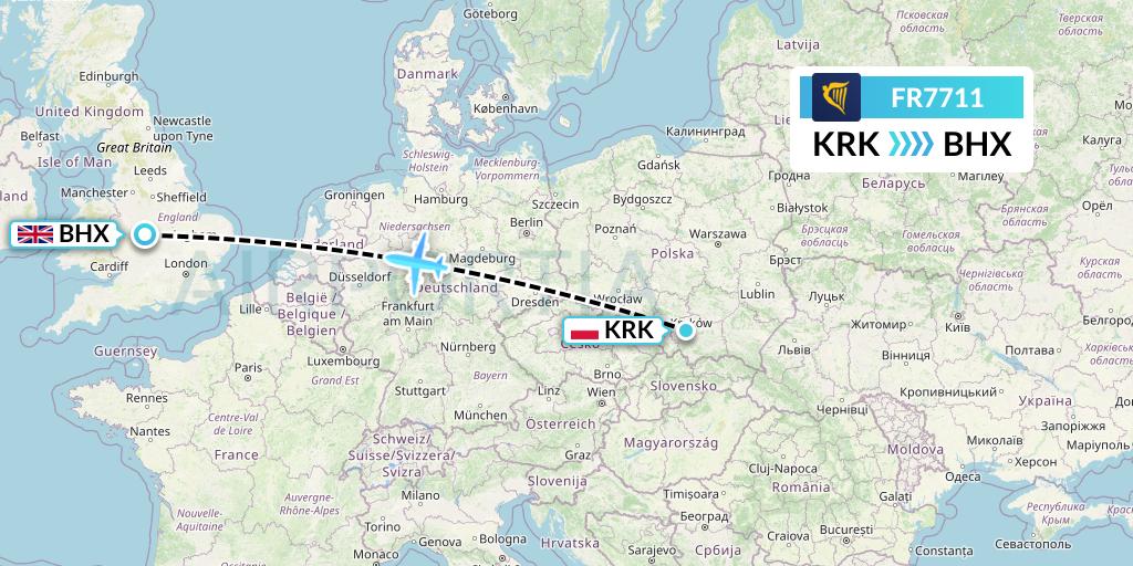 FR7711 Ryanair Flight Map: Krakow to Birmingham
