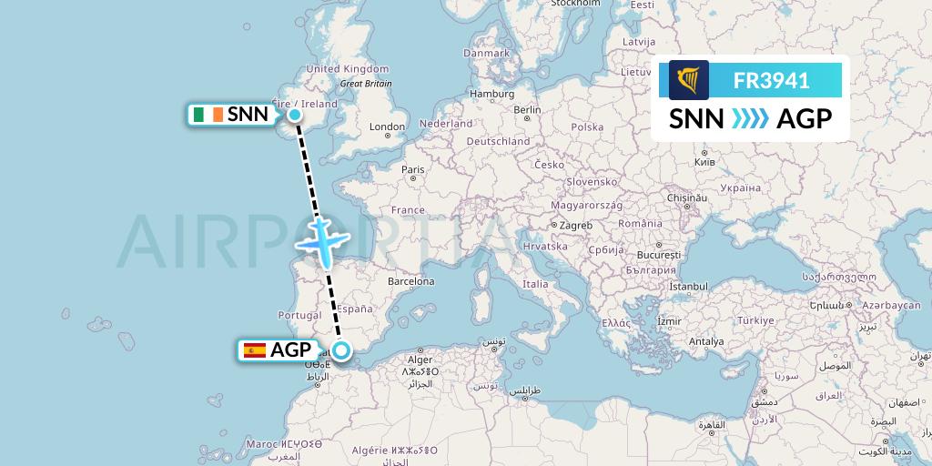 FR3941 Ryanair Flight Map: Shannon to Malaga