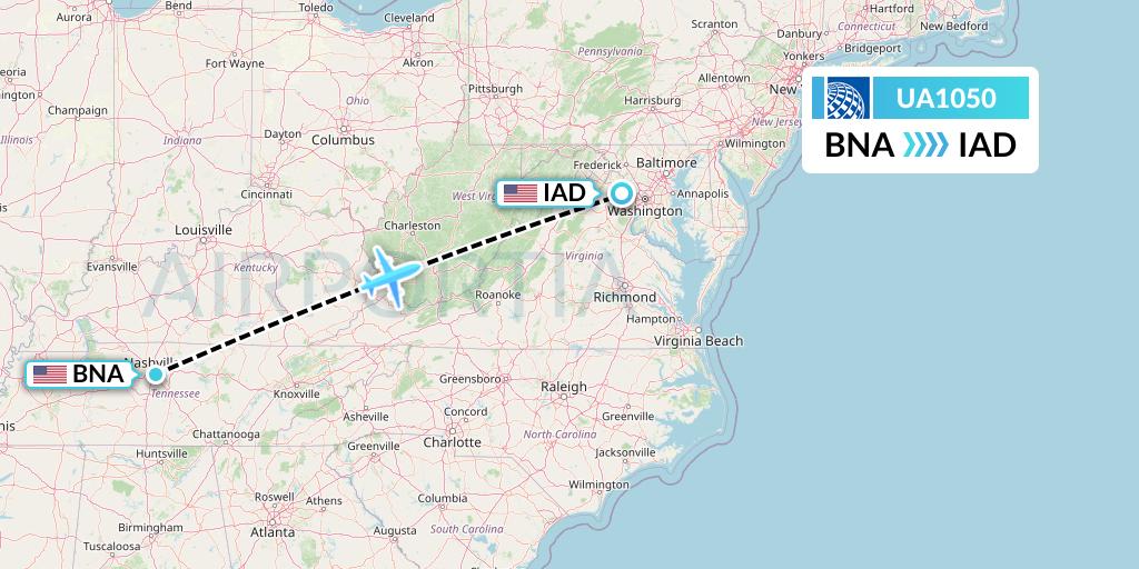 UA1050 United Airlines Flight Map: Nashville to Washington