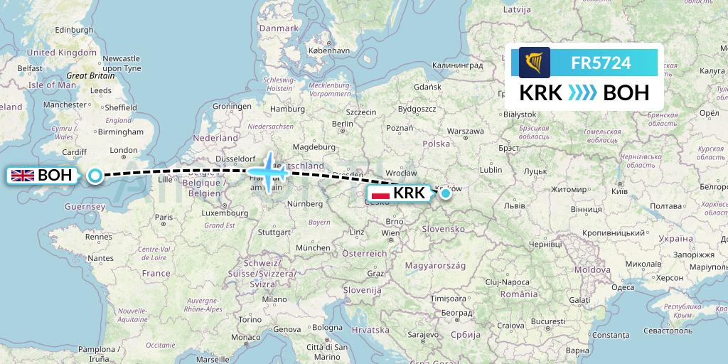 FR5724 Ryanair Flight Map: Krakow to Bournemouth