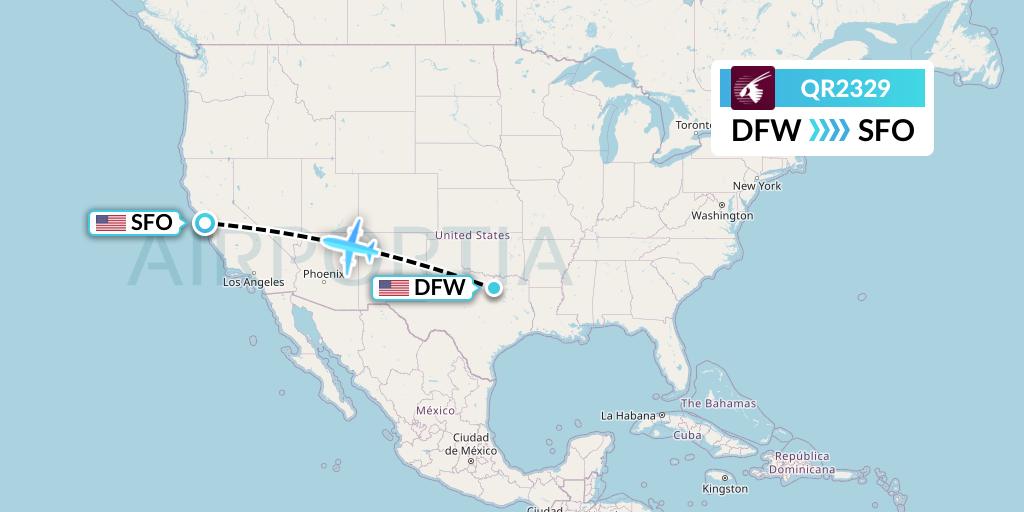 QR2329 Qatar Airways Flight Map: Dallas to San Francisco