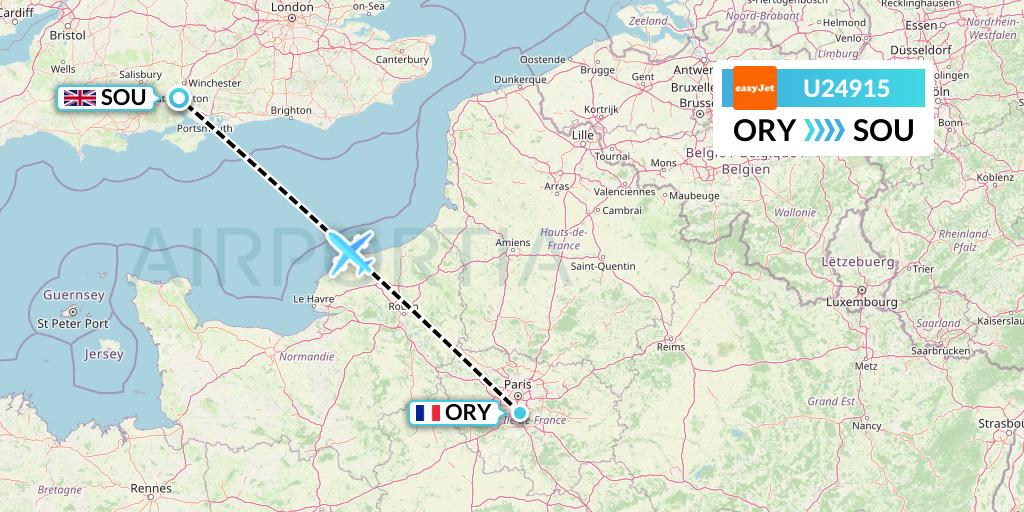 U24915 EasyJet Flight Map: Paris to Southampton