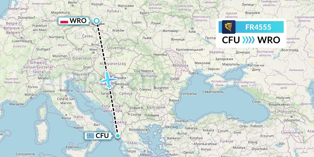 FR4555 Ryanair Flight Map: Corfu to Wroclaw