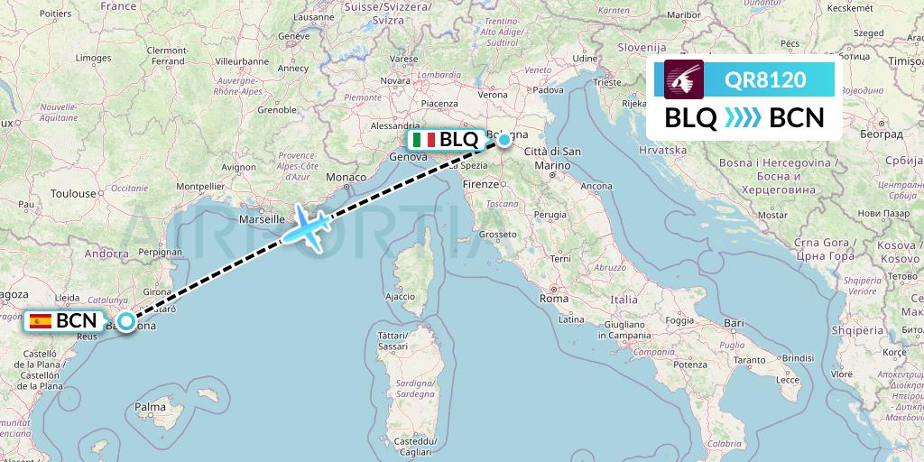 QR8120 Qatar Airways Flight Map: Bologna to Barcelona