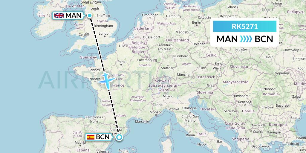 RK5271 Ryanair UK Flight Map: Manchester to Barcelona