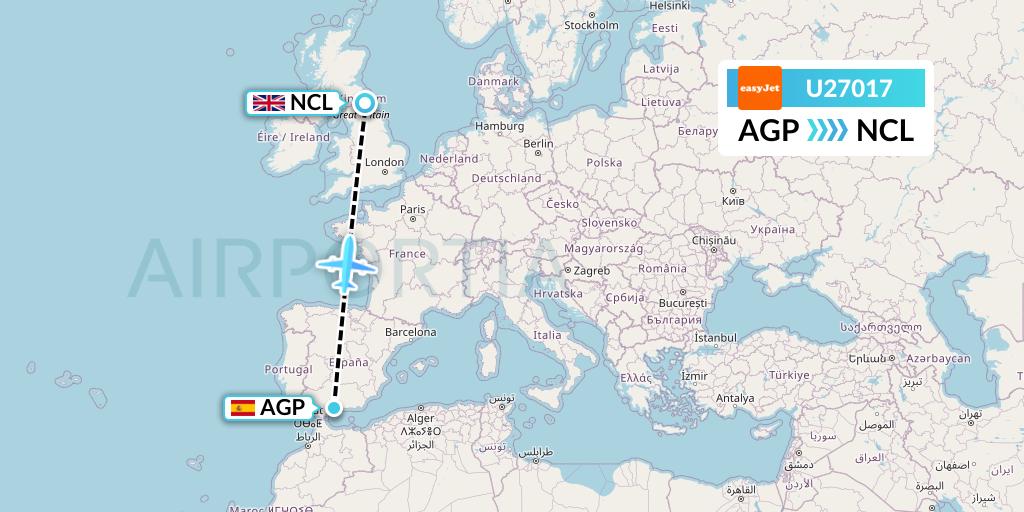 U27017 EasyJet Flight Map: Malaga to Newcastle