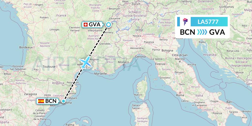 LA5777 LAN Airlines Flight Map: Barcelona to Geneva
