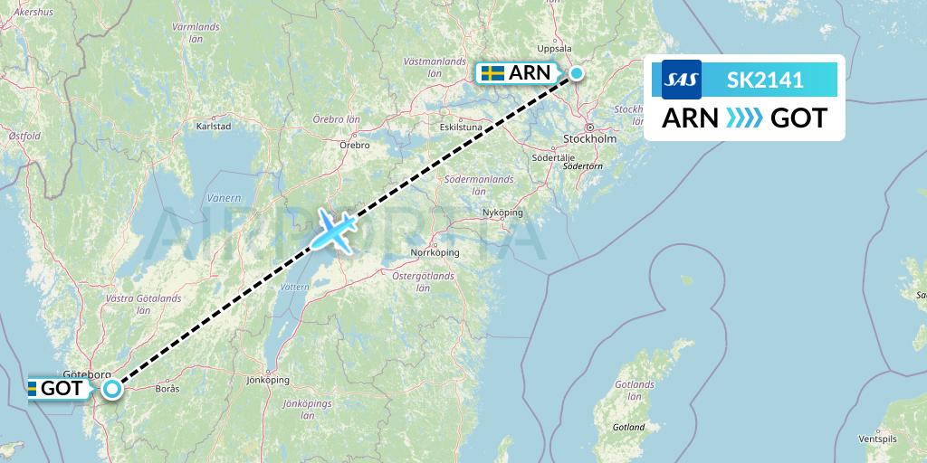 SK2141 SAS Flight Map: Stockholm to Gothenburg