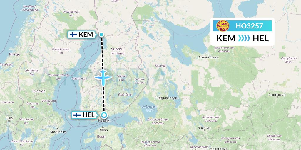 HO3257 Juneyao Airlines Flight Map: Kemi to Helsinki